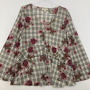 Style & Co. sz XL Plaid Floral Tie Front Baby-doll Flare Sleeve Blouse Feminine